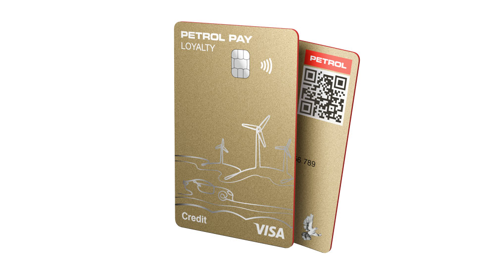 One Petrol Pay Loyalty Visa credit card shown from the front and back, with a contactless chip on the front side and a QR code on the back side.