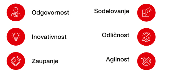 Na sliki je prikazanih šest vrednot: odgovornost, sodelovanje, inovativnost, odličnost, zaupanje in agilnost, pri čemer je vsaka predstavljena z rdečo ikono.